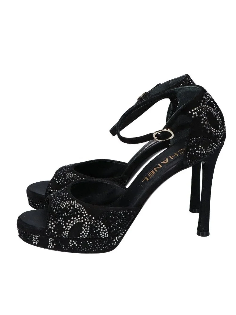 Chanel Suede Leather CC Logo Rhinestone Sandals 37c